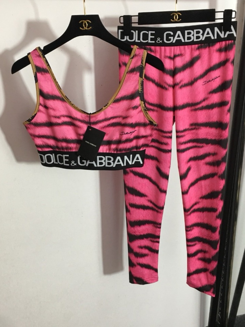 Dolce & Gabbana Hot Pink & Black Tiger-Print Bralette and Leggings Set Like new.